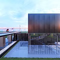 Modern Commercial Complex With Glass Curtain Walls Lawn Trees And Evening Lighting Open Public Space
