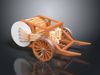 Ancient Wooden Architectural Structure With Large Drum Spokes And Metal Rimmed Wheels 3d model