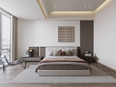Modern Bedroom With White Walls Wooden Floor Curtains Rug And Artwork Above Bed 3d model