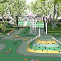 Safe Outdoor Children's Playground With Lush Green Trees Slides Colorful Ground And Kids Playing