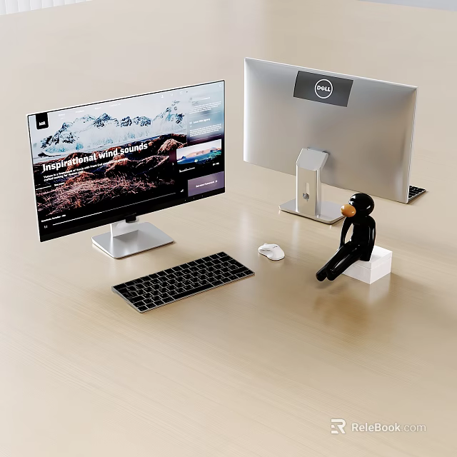 Dual Computer Monitors Desktop Setup With Dell Logo Keyboard And Mouse 3d model 