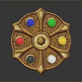 Golden Circular Magic Weapon Featuring Six Colored Gems Blue Green Red Yellow Black White
