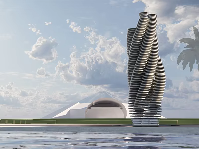 Spiral Modern Metal Sculpture With Water Reflection Blue Sky White Clouds And Dome Structure 3d model