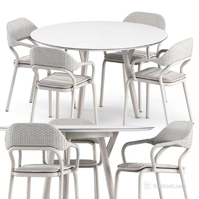 Modern White Round Dining Table Set With Wicker Chairs For Home Use 3d model