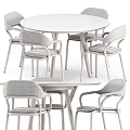 Modern White Round Dining Table Set With Wicker Chairs For Home Use 3d model
