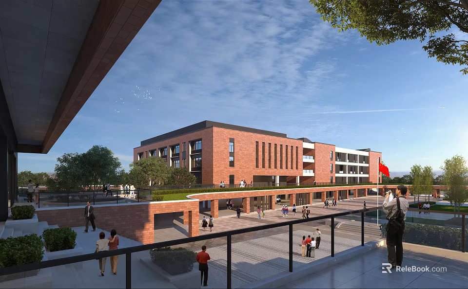 Modern Red Brick Multi Storey School Building With Students Activities And National Flag In Playground 3d model 