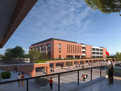 Modern Red Brick Multi Storey School Building With Students Activities And National Flag In Playground 3d model