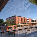 Modern Red Brick Multi Storey School Building With Students Activities And National Flag In Playground