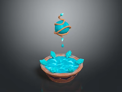 Wooden Stone Decorative Bowl Featuring Blue Crystal Water and Suspended Turquoise Sphere with Orange Coils 3d model