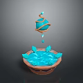 Wooden Stone Decorative Bowl Featuring Blue Crystal Water and Suspended Turquoise Sphere with Orange Coils