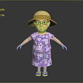 3D Character Model Of Woman In Purple Floral Dress With Wide Brimmed Hat And Glasses