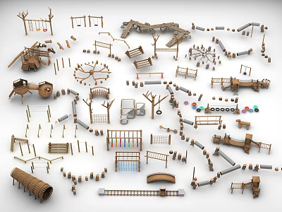 Wooden Playground Equipment with Climbing Frames Slides Swings for Kids Natural Style 3d model