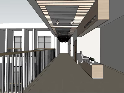 Modern Corridor Interior With Wooden Ceiling Slats Metal Railing And Reception Desk 3d model