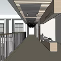 Modern Corridor Interior With Wooden Ceiling Slats Metal Railing And Reception Desk