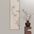 Vertical Wall Painting With Bamboo And Floral Design Alongside Ceramic Vase On Stand