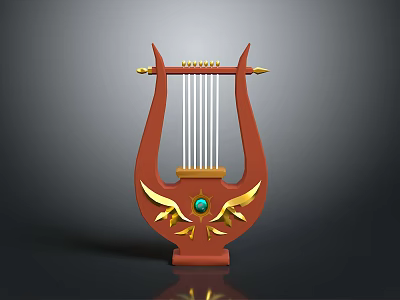 Red Classical Harp Musical Instrument With Golden Wing Decorations And Green Gemstone 3d model