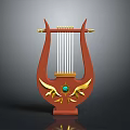 Red Classical Harp Musical Instrument With Golden Wing Decorations And Green Gemstone