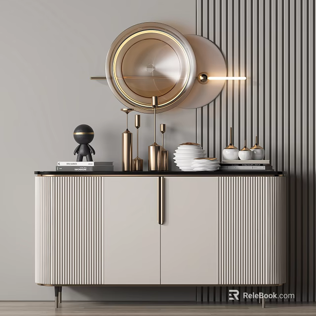 Modern Console Cabinet With Striped Doors Round Lamp Golden Accents And Decorative Objects On Top 3d model 
