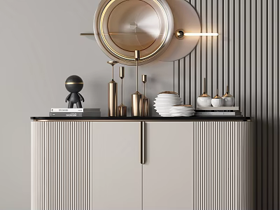 Modern Console Cabinet With Striped Doors Round Lamp Golden Accents And Decorative Objects On Top 3d model