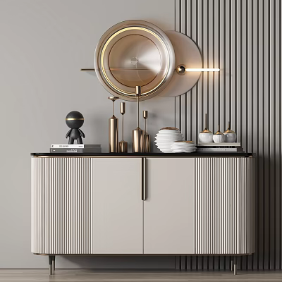 Modern Console Cabinet With Striped Doors Round Lamp Golden Accents And Decorative Objects On Top 3d model