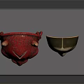 Red Demon And Light Colored Human Face Costume Masks On Black Base With Golden Stands