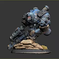Detailed Blue And Gray Mechanical Warrior Model With Weapon And Sandy Base