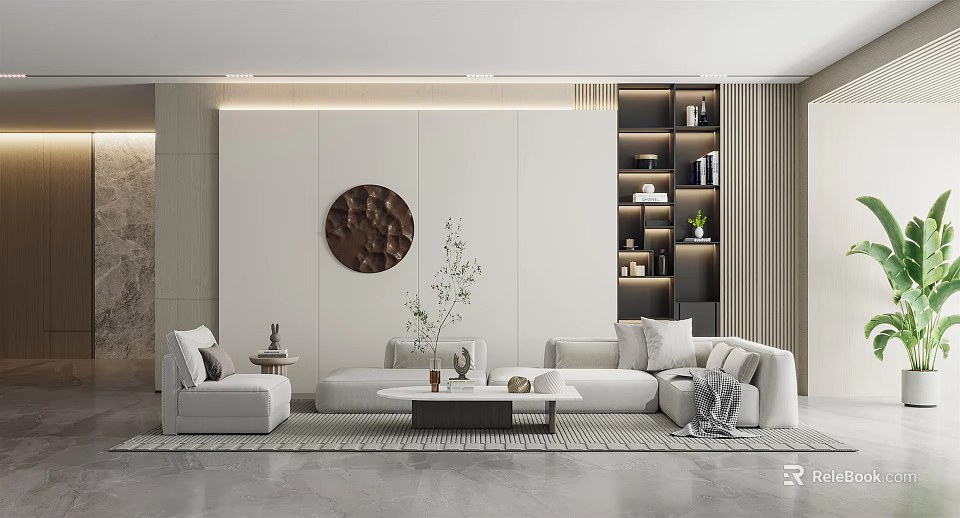Modern Living Room Interior Featuring White Sofa Circular Decorative Painting Coffee Table And Shelving Unit 3d model 