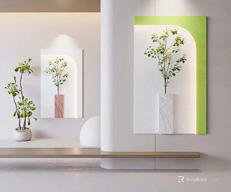 Modern Wall Decor With Green Plants Illuminated Vases And Minimalist Design 3d model 