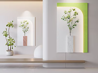 Modern Wall Decor With Green Plants Illuminated Vases And Minimalist Design 3d model