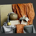 Still Life Composition With Orange Gray Fabrics Clay Pot Geometric Shape And Wooden Board