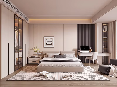 Modern Bedroom Interior Design With Bed Glass Door Closet Desk And Decorative Artwork 3d model