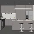 Modern Restaurant Open Kitchen Interior With Island Counter Stools And Cabinets