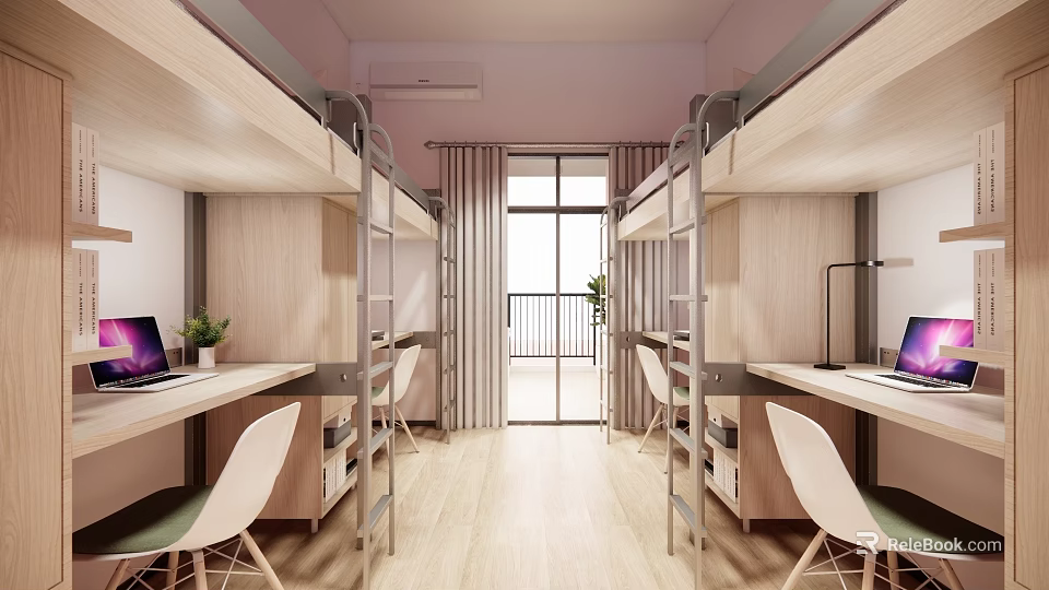 Modern School Dormitory Interior With Bunk Beds Desks Chairs And Bright Window 3d model