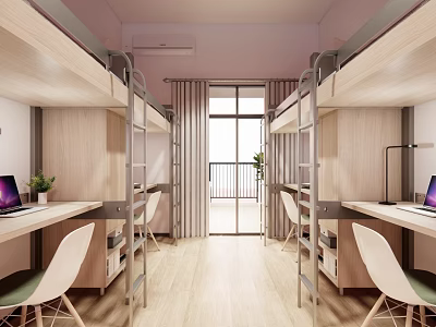 Modern School Dormitory Interior With Bunk Beds Desks Chairs And Bright Window 3d model