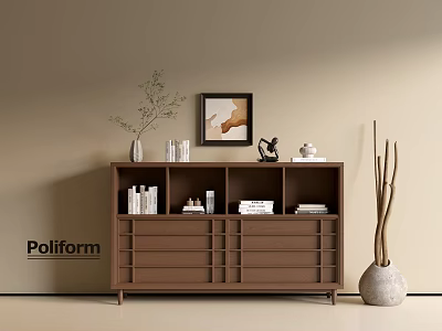Poliform Modern Brown Entryway Cabinet Sideboard With Storage Vase Books Framed Art Sculpture 3d model