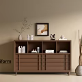 Poliform Modern Brown Entryway Cabinet Sideboard With Storage Vase Books Framed Art Sculpture