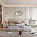 Modern Bedroom Interior Design With Round Decor Bedhead Wall Nightstand Lamps And White Chair