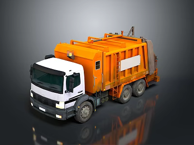 Orange Garbage Collection Functional Vehicle with White Cab Compression System and Six Wheels 3d model