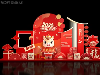 Chinese New Year 2026 Horse Art Installation With Red Fortune Characters And Lanterns 3d model
