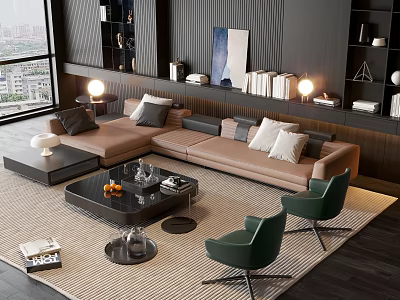 Modern Beige Sofa and Black Coffee Table Set With Green Chairs in Living Room 3d model