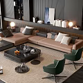 Modern Beige Sofa and Black Coffee Table Set With Green Chairs in Living Room