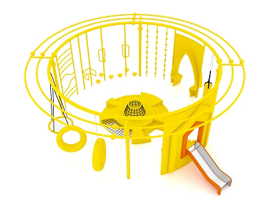 Yellow Outdoor Playground Equipment with Circular Frame Slide Climbing Net and Swing 3d model
