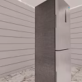 Silver Refrigerator Freezer In Room With Light Striped Walls And Marble Floor Featuring Small Logo