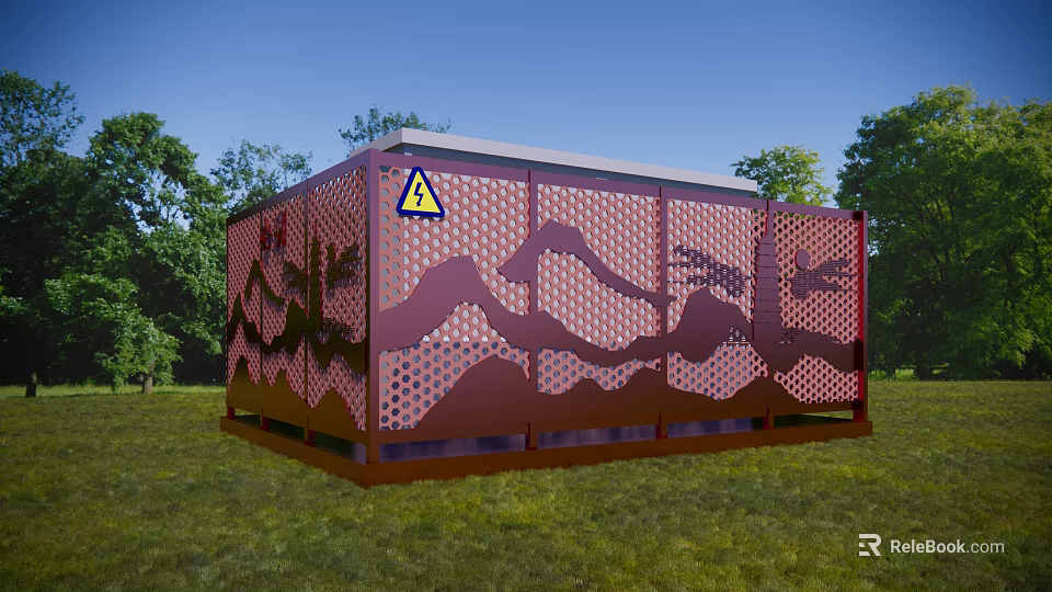 Red Industrial Equipment With Perforated Mountain Tree Design And Warning Sign In Outdoor Grassland 3d model 