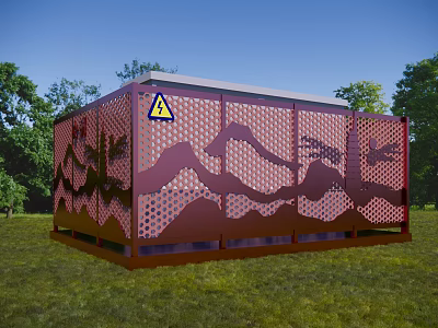 Red Industrial Equipment With Perforated Mountain Tree Design And Warning Sign In Outdoor Grassland 3d model