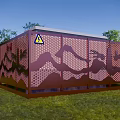 Red Industrial Equipment With Perforated Mountain Tree Design And Warning Sign In Outdoor Grassland
