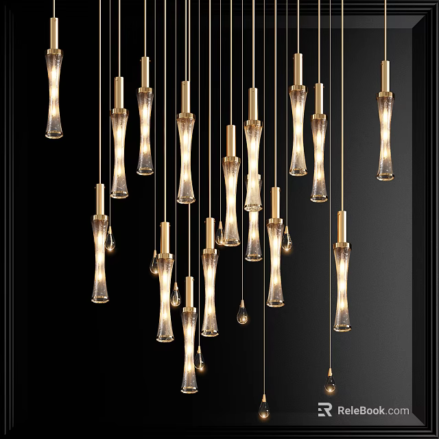 Modern Glass Chandeliers With Gold Metal Stems And Warm Hanging Lights 3d model 