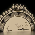 Traditional Chinese Decorative Arch With Colorful Spheres Circular Patterns And Mountain Landscape