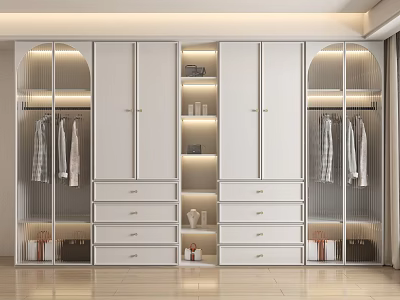 Modern Wardrobe Interior Design With Lighted Shelves Hanging Areas Drawers And Glass Doors 3d model