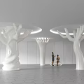 White Tree Shaped Columns In Modern Interior With Circular Lights And Hexagonal Floor Tiles 3d model